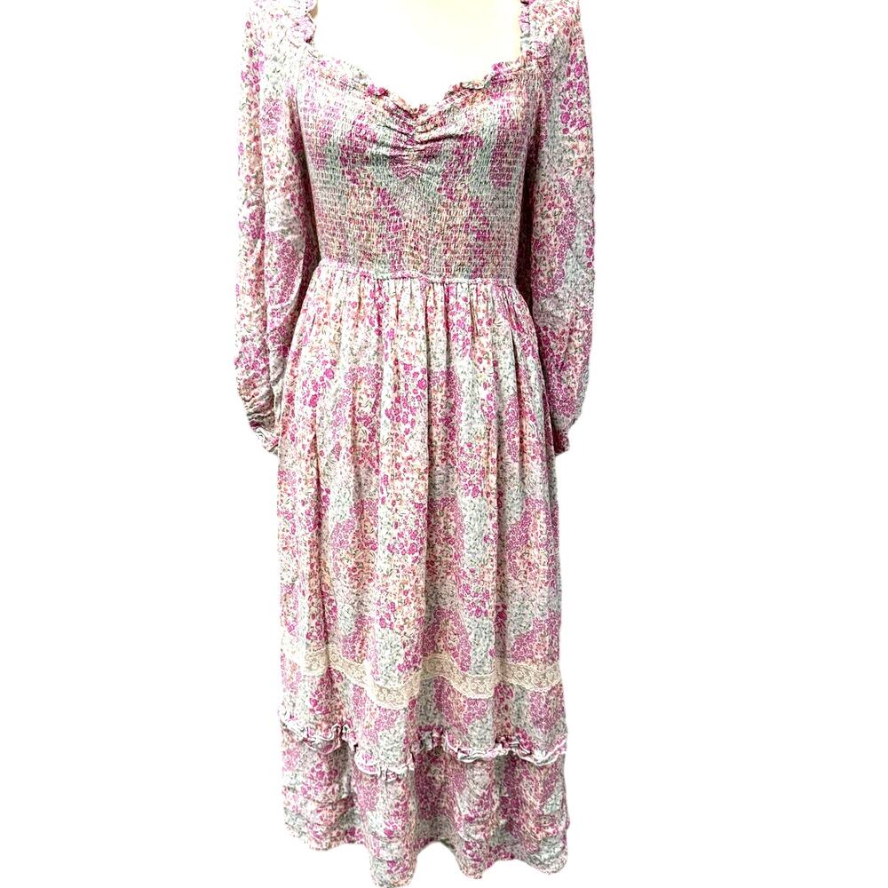 "Penelope Rose" Pretty Pink Floral Dress ,L, Bishop Sleeve, Ruched Waist,Prairie